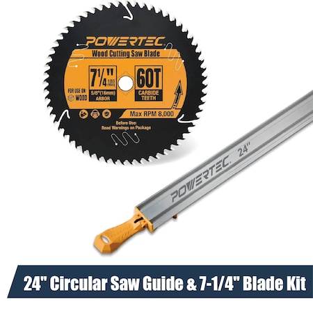 Powertec 24" Straight Edge Guide & 7-1/4" 60T Circular Saw Blade Kit, 5/8" Arbor, ATB Carbide Teeth 72280