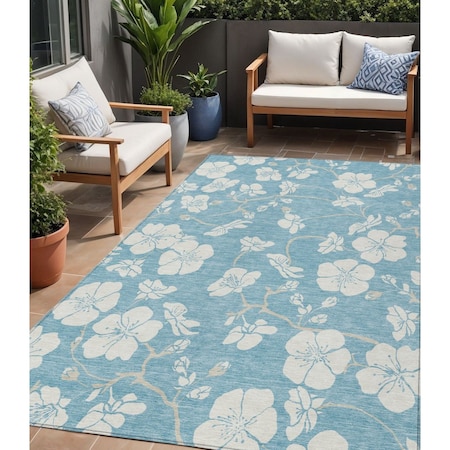 5' X 8' Sky Blue And Ivory Floral Washable Indoor Outdoor Area Rug