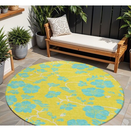 Homeroots 8' Yellow And Aqua Round Floral Washable Indoor Outdoor Area Rug 600056