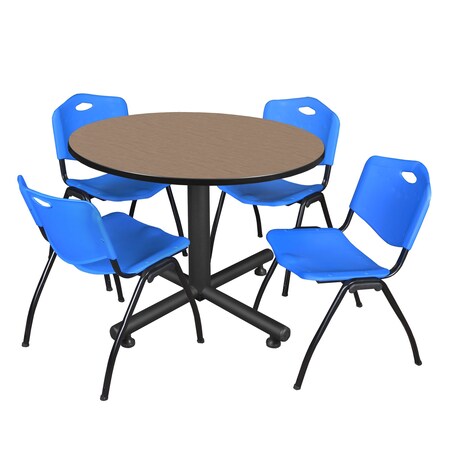 Regency Round Kobe Breakroom Table W/ 4 M Stack Chairs, 48 in W, 48 in L, Noble Oak TKB48RNDNO47BE