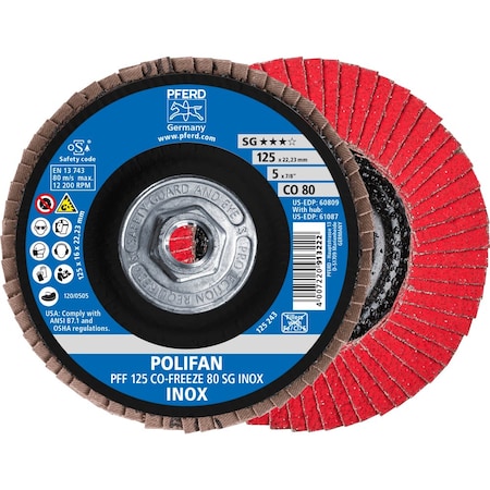Pferd 5'' x 5/8-11 Thd. POLIFAN Flap Disc - CO-FREEZE SG INOX, Ceramic oxide, 80 Grit, Flat 61087