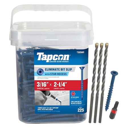 Tapcon 28560 Concrete Screw Anchor, T25 Screw, 3/16 in Dia, 2-1/4 in L, Steel, Climaseal, 225/PK, 225PK 28560/24560