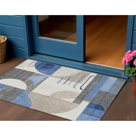 Homeroots 3' X 5' Blue Gray And Ivory Geometric Washable Indoor Outdoor Area Rug 617974