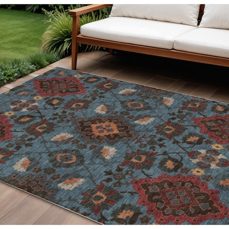 Homeroots 9' X 12' Denim Blue Brick Red And Brown Oriental Washable Indoor Outdoor Area Rug 597684