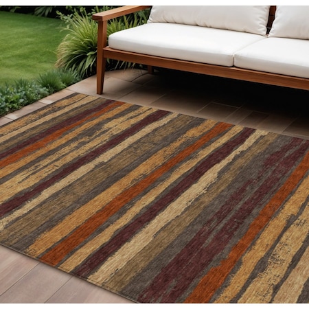 Homeroots 9' X 12' Chocolate Beige And Copper Striped Washable Indoor Outdoor Area Rug 598882