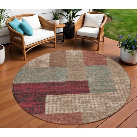 Homeroots 8' Brown And Terra Cotta Round Geometric Washable Indoor Outdoor Area Rug 612438