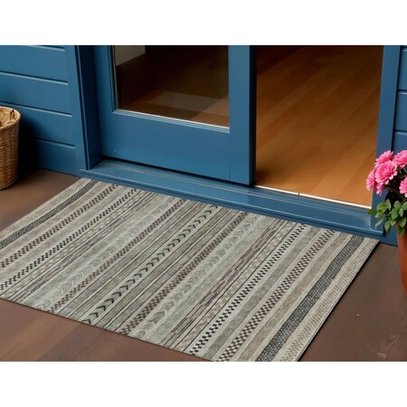 Homeroots 3' X 5' Taupe And Brown Striped Washable Indoor Outdoor Area Rug 615374