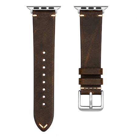 Elegani Vintage Oil Leather Band Compatible with Apple Watch 46mm, Brown, Silver Buckle LOT2-BRN-SLV-46
