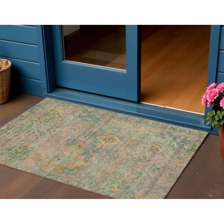 Homeroots 3' X 5' Green Teal Blue And Mauve Floral Medallion Washable Indoor Outdoor Area Rug 616616