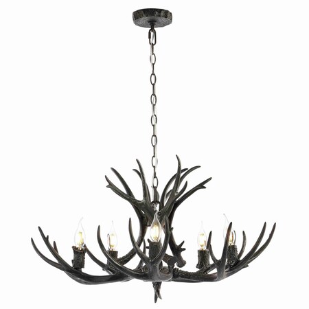 Jonathan Y Eldora 30" 5-Light Rustic Farmhouse Adjustable Resin Antler LED Chandelier, Black JYL6300C