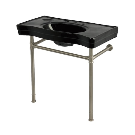 Kingston Brass 36" Ceramic Console Sink with Stainless Steel Legs, 8-Inch, 3-Hole, Black/Brushed Nickel KVPB36198K388