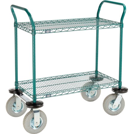 Nexel Utility Cart, 2 Shelf, Poly-Green, 36L x 18W x 42H, Pneumatic Rigid Casters 1836N2G