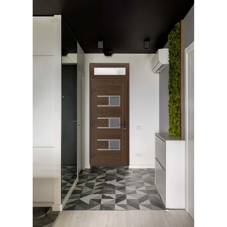 Vdomdoors Front Exterior Prehung Metal-Plastic Door, Manux 8933 Walnut, Top Sidelite Transom, Office Commerci MANUX8933EXD-WLN-W32xH80+14-RH