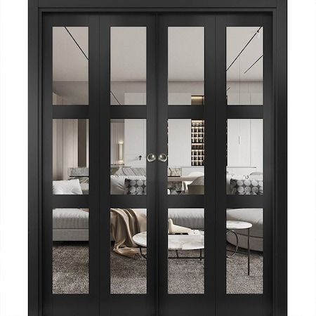 Sartodoors Sliding Closet Double Bi-fold Doors, Lucia 2555 Matte Black with Clear Glass, Sturdy Tracks Moldin LUCIA2555DBF-BLK-72 x 80 (4* 18x80)