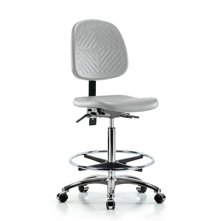 Blue Ridge Ergonomics Poly Chair Chrome-High Bench Ht with Med Back, Seat Tilt, Chrome Foot Ring, & Casters in Gray Poly PHBCH-MB-CR-T1-A0-CF-CC-GRY