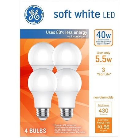 Ge LED Light Bulb, General-Purpose, A19 Lamp, 40 W Equivalent, E26 Medium Lamp Base, Non-Dimmable, 4PK 93131062