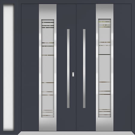 Vdomdoors Metal Double Doors Deux 0757 Gray Graphite Frosted Glass 1 Sidelight Entry Modern Painted 86x80 (W7 DEUX0757DEXD-GRE-W72+14xH80-LH-I
