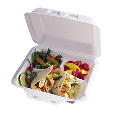 Pactivoration 9 x 2.25 x 0.75 - 3 Compartment White Foam Container, 150PK YHLW0903