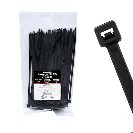 Cable Ties Unlimited Cable Tie, 7.5 in L, 50 lb Strength, 1.8 in Max Bundle Dia, Nylon 6/6, UV Resistant, Black, 100PK S7.5-50-0C