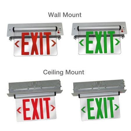 Elco Lighting Recessed LED Edge Lit Exit Sign, Red & Green Letters, Single Face EDGREC1RG