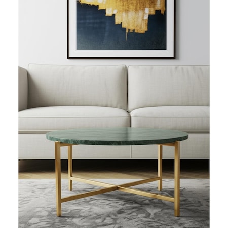 Homeroots 32" Green and Gold Genuine Marble and Metal Round Coffee Table 632672