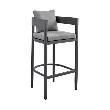 Armen Living Menorca Outdoor Patio Bar Stool in Aluminum with Gray Cushions LCMQBAGR30