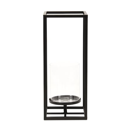 Homeroots 16" Black And Clear Metal And Glass Tabletop Candle Holder 634810