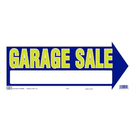 Hy-Ko Directional Sign, GARAGE SALE Arrow, Yellow Legend, Blue Background, Plastic 22451