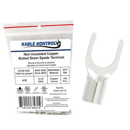Kable Kontrol Non Insulated Copper Butted Seam Spade Terminal, 12-10 AWG, Stud Size # 10, 100 Pcs, 100PK STNI-1210-10