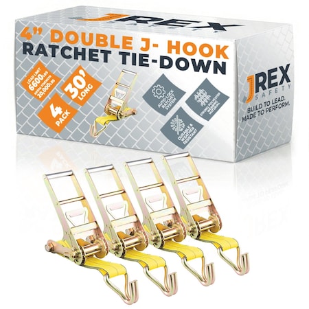 Jrex Safety 4PK HD Ratchet Straps with Double J Hooks, Yellow 4 in x 30 ft Tie Downs RTD430-JR-DJH-4PK
