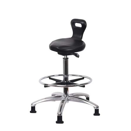 Blue Ridge Ergonomics Poly ESD Serpent Sit-Stand with Chrome Foot Ring & ESD Stationary Glides in ESD Black Poly ESD-PSPHBST-CR-CF-EG