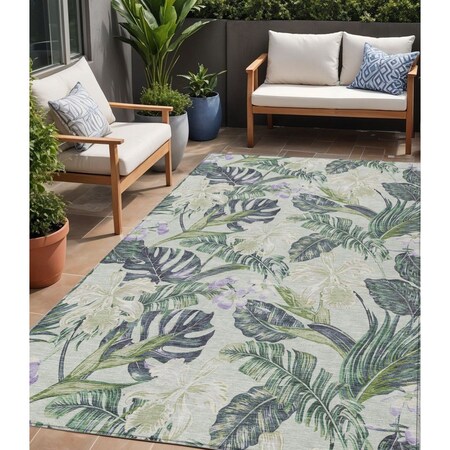 Homeroots 5' X 8' Artichoke Green Lavender And Ivory Botanical Leaves Washable Indoor Outdoor Area Rug 618383