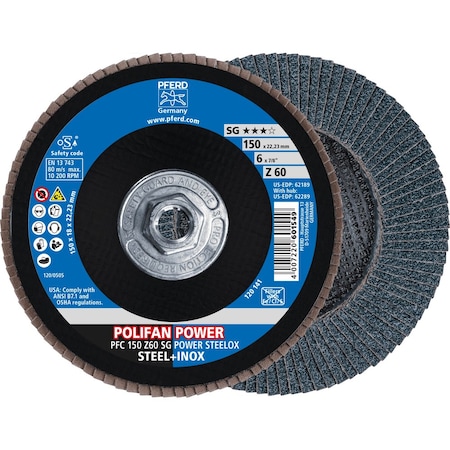 Pferd 6'' x 5/8-11 Thd. POLIFAN Flap Disc - Z SG POWER STEELOX, Zirconia, 60 Grit, Conical 62289