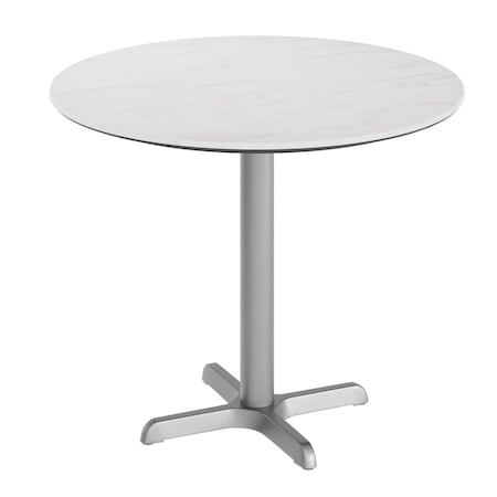 Flash Furniture 31.25" Round Outdoor Tabletop, White Faux Marble, Seamless Surface Technology, 22x22 Silver X Base ST-RD31-WHMAR-T2222S-GG