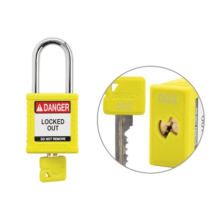 Brady Keyed Alike Padlock Unique Set Nylon Ylw 1.5 in Steel Shackle Keycode 2 SDPL-YLW-38ST-002
