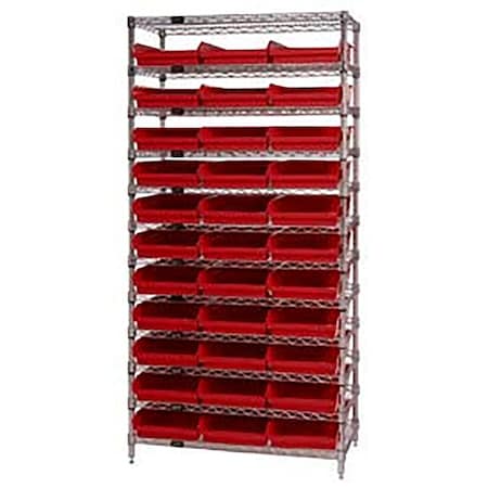 Global Industrial Chrome Wire Shelving with 33 4"H Plastic Shelf Bins Red, 36x24x74 268979RD
