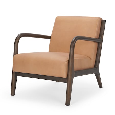 Homeroots 26" Tan and Dark Brown Genuine Leather and Solid Wood Arm Chair 606022