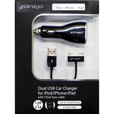 Cirago International Cable-Dual USB Car Charger-with Sync Cable-Black Dual USB charging ports - 2.1A and 1.0A IPA3510