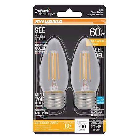 Sylvania Natural LED Bulb, Decorative, B10 Blunt Tip Lamp, 60 W Equivalent, E26 Lamp Base, Dimmable, Clear 40795