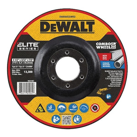 Dewalt Depressed Center Cut-Off Wheel, Type 27, 4 1/2 in Dia, 0.093 in Thick, 7/8 in Arbor Hole Size DW8904Combo