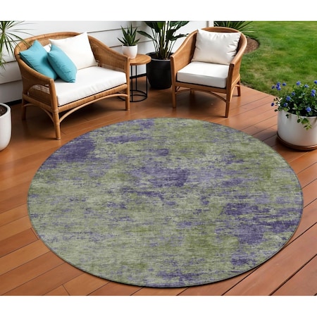 Homeroots 8' Olive Green And Dark Purple Round Abstract Washable Indoor Outdoor Area Rug 609363