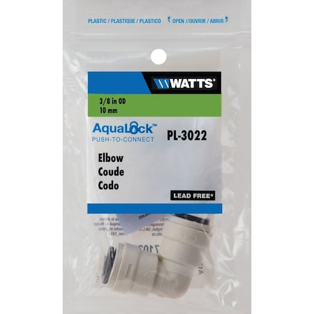 Watts Aqualock 3/8'' x 3/8'' 90 Deg. Push-to-Connect Plastic Elbow, 1/4 Bend PL-3022