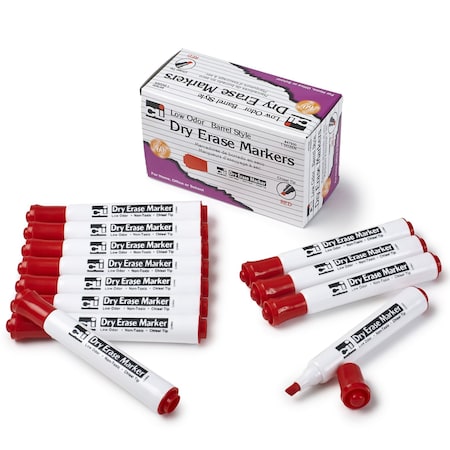 Charles Leonard Dry Erase Markers, Barrel Style, Chisel Tip, Red, 12PK 47930