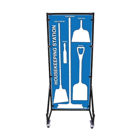 5S Supplies Housekeeping Shadow Board Broom Station V17, Blue / White, BO + Stand HSB-V17-BLUE/WHITE-BO-STAND