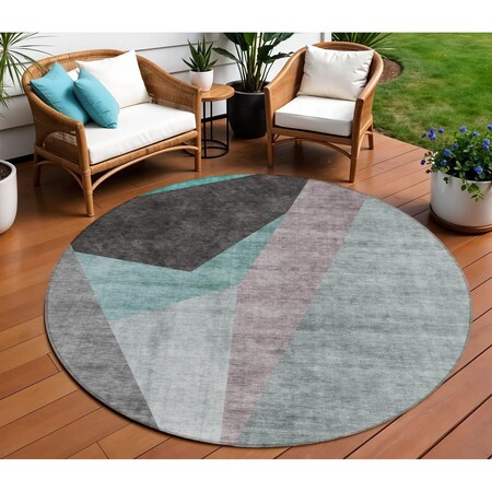 Homeroots 8' Teal Blue Aqua And Charcoal Round Abstract Washable Indoor Outdoor Area Rug 582892