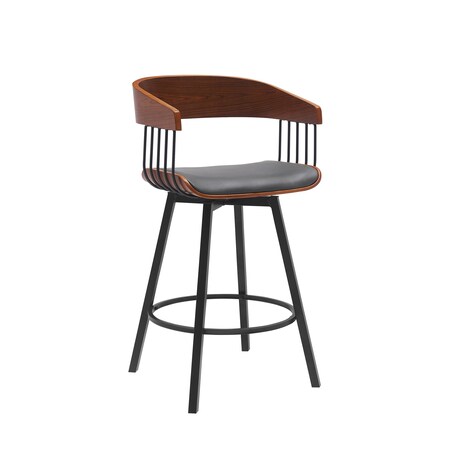 Armen Living Athena 27in Swivel Walnut Wood Counter Stool in Gray Faux Leather with Black Metal LCATBAWAGRY26