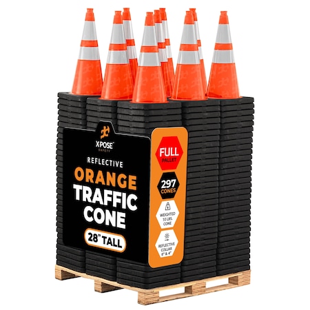 Xpose Safety 28 in Orange Traffic Cone, 10 lb Base with 6in & 4in Collar, PVC, DOT Approved, 297 PK, Full Pallet OTC28-64-10L-FP297-X