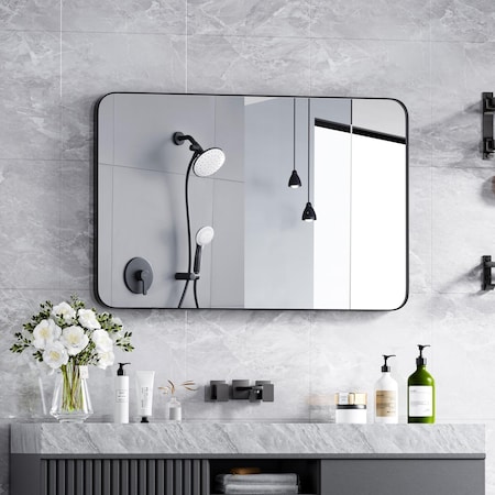 Simple Deluxe Bathroom Mirrors, Black Metal Framed Bathroom Mirror for Over Sink Wall, 24' x 36' Rounded Rectangl 3A88MIROACFY2436BLKV1