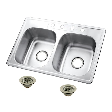 Kingston Brass 33-Inch Stainless Steel Self-Rimming Double Bowl Drop-In Kitchen Sink, 4-Hole with Strainer KGKTD332278