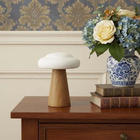 Homeroots 7" Brown And White Wood Hand Painted Mushroom Tabletop Sculpture 635374